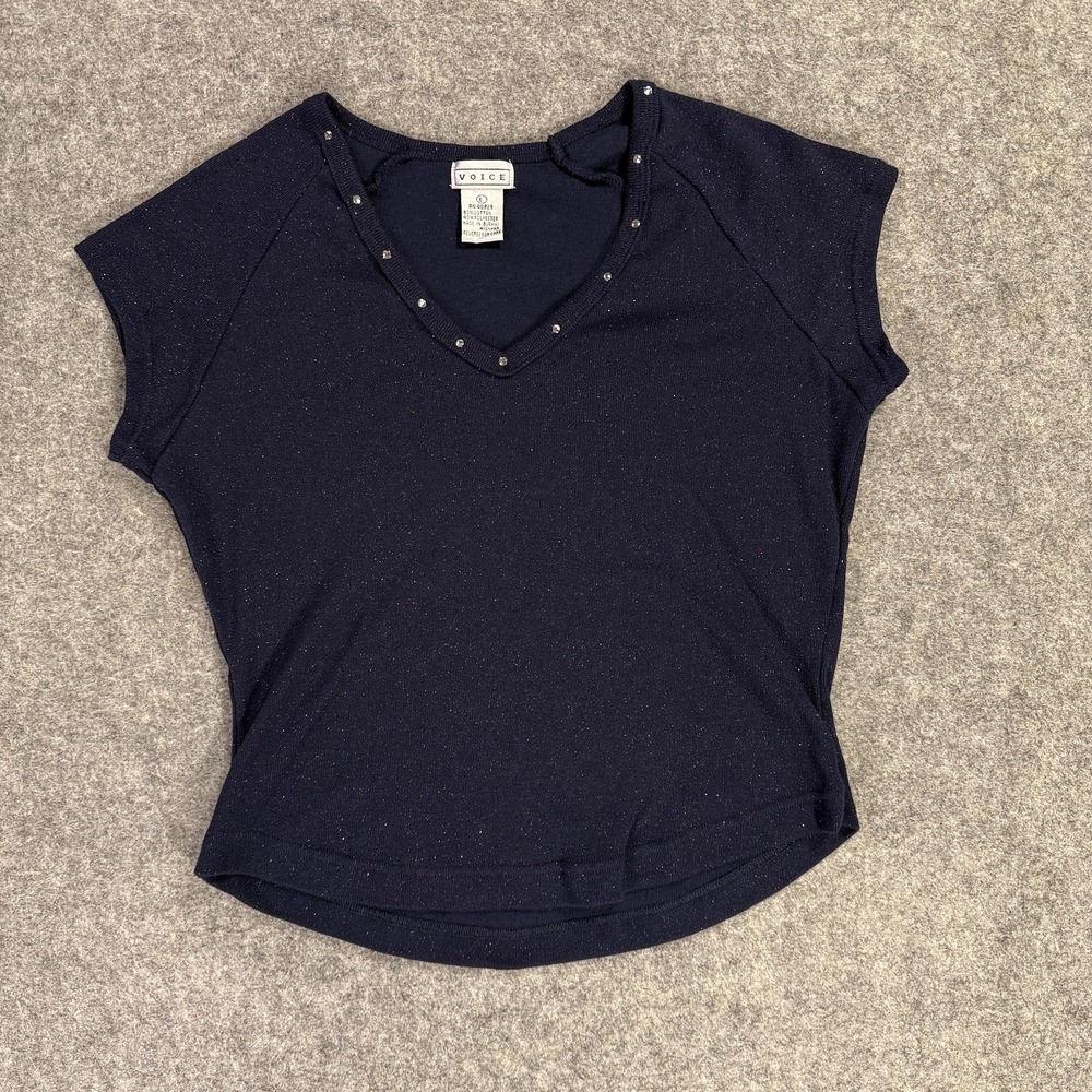 Y2K Voice Baby Tee Shirt Womens Large Blue Rhinestone V Neck Sparkle Crop Preppy